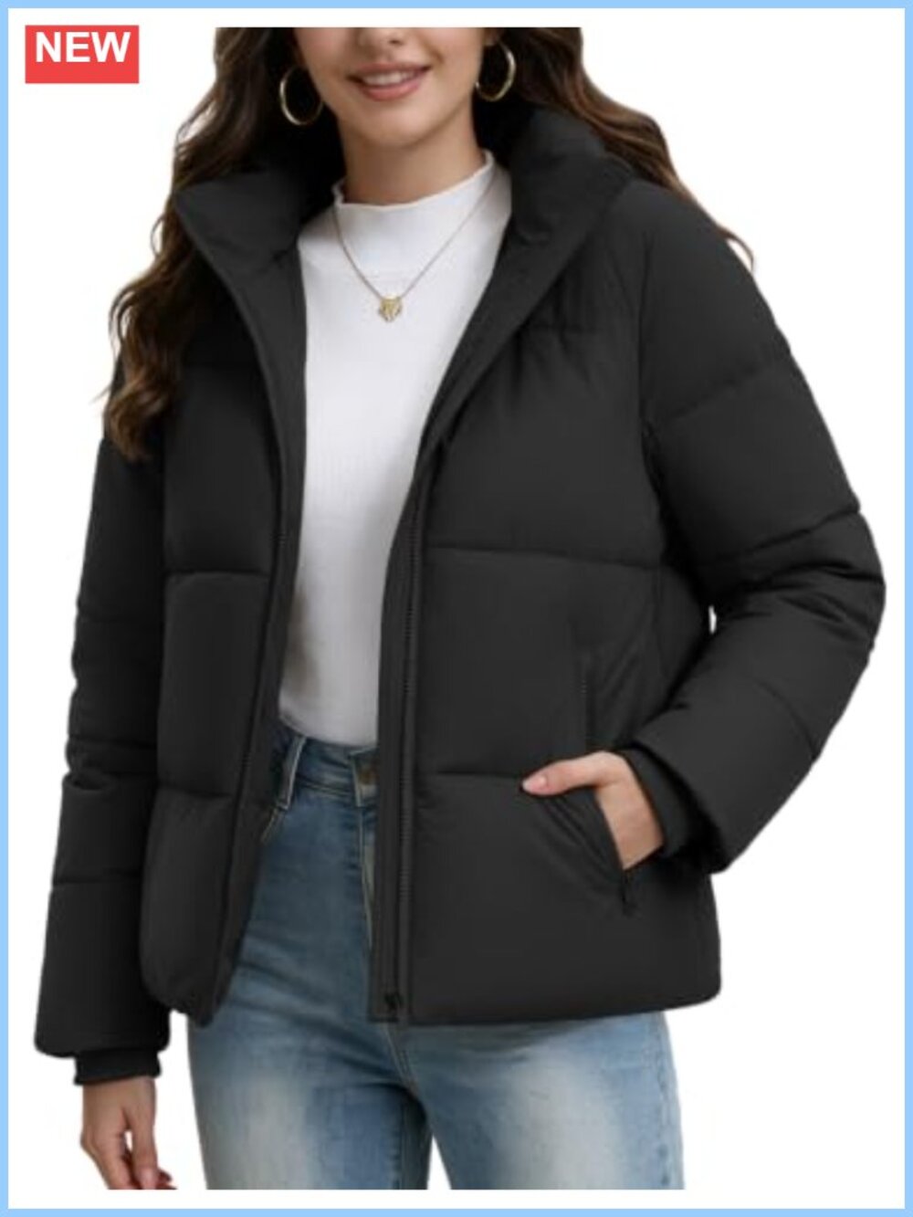 Cropped Quilted Puffer Jacket Water Repellent Winter Coat 2-Way Zip